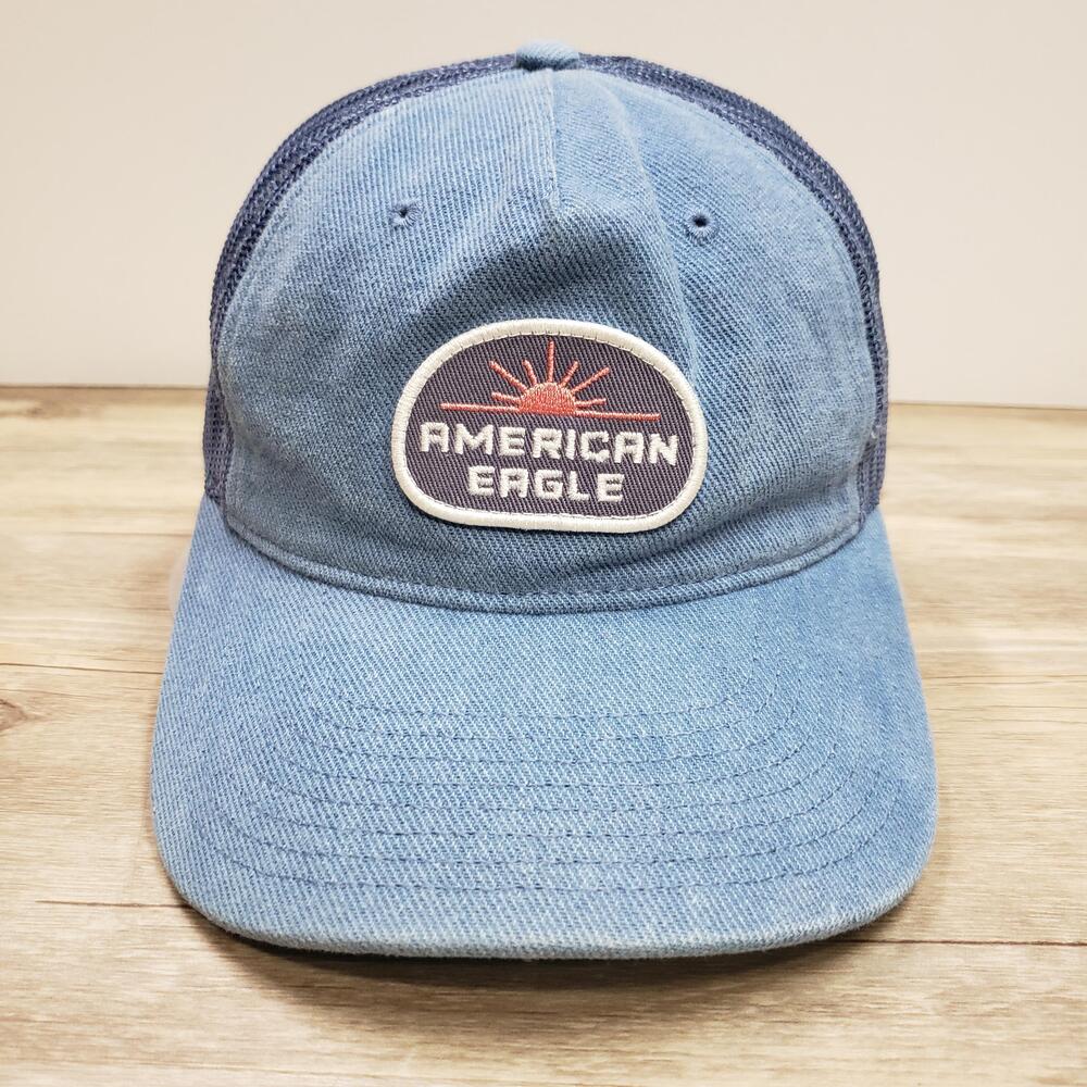 American Eagle Hat Cap Snapback Blue Denim Mesh Trucker One Size Adjustable